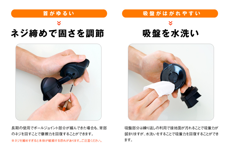 首がゆるい→ネジ締めで固さを調節、吸盤がはがれやすい→吸盤を水洗い