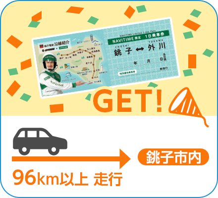 銚子市内に目的地をセットして96km以上走行すると、銚子電鉄１日乗車券をGETできます。